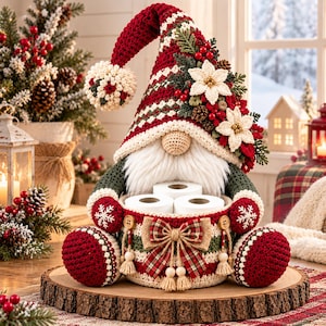 May include: A crocheted gnome figurine featuring a tall red and white patterned hat adorned with white poinsettias, red berries, and pinecones. The gnome has a white beard and holds a round basket containing three white toilet paper rolls.