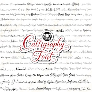 Peut inclure: Une collection numérique de 200 polices calligraphiques affichées en noir sur fond blanc. Le graphique central présente le texte rouge et noir Calligraphy Font avec le sous-texte 200 FONTS et TTF OTF SVG PNG.