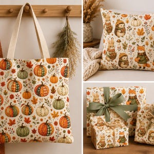 May include: A tote bag, a square throw pillow, and three gift-wrapped boxes featuring a repeating autumn pattern. The tote bag displays pumpkins and leaves, while the pillow and gift wrap feature illustrations of foxes, rabbits, and hedgehogs.