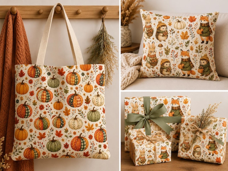 May include: A tote bag, a square throw pillow, and three gift-wrapped boxes featuring a repeating autumn pattern. The tote bag displays pumpkins and leaves, while the pillow and gift wrap feature illustrations of foxes, rabbits, and hedgehogs.