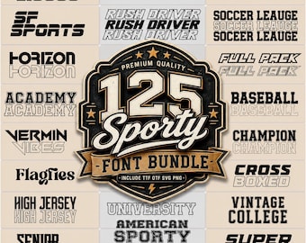 May include: A collection of various font styles, including "Ferro Rosso," "Colleged," and "Bring Race." The central design features a badge with "125 Sporty Font Bundle" and the text "Premium Quality."