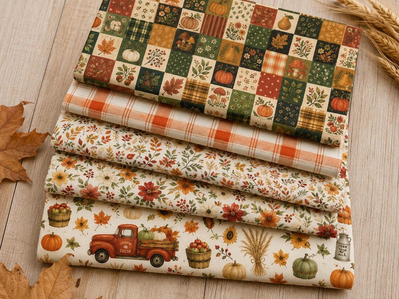 May include: A stack of five folded fabric pieces featuring autumn-themed patterns. Designs include a patchwork grid of pumpkins and leaves, orange plaid, small colorful foliage, large floral prints, and a red truck carrying pumpkins and apples.