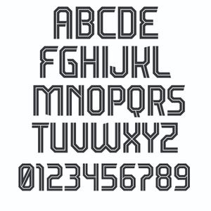 May include: A complete alphabet and number set in a bold, sans-serif font. The letters and numbers are dark gray with a double-lined design, set against a white background. The font is suitable for various design projects.
