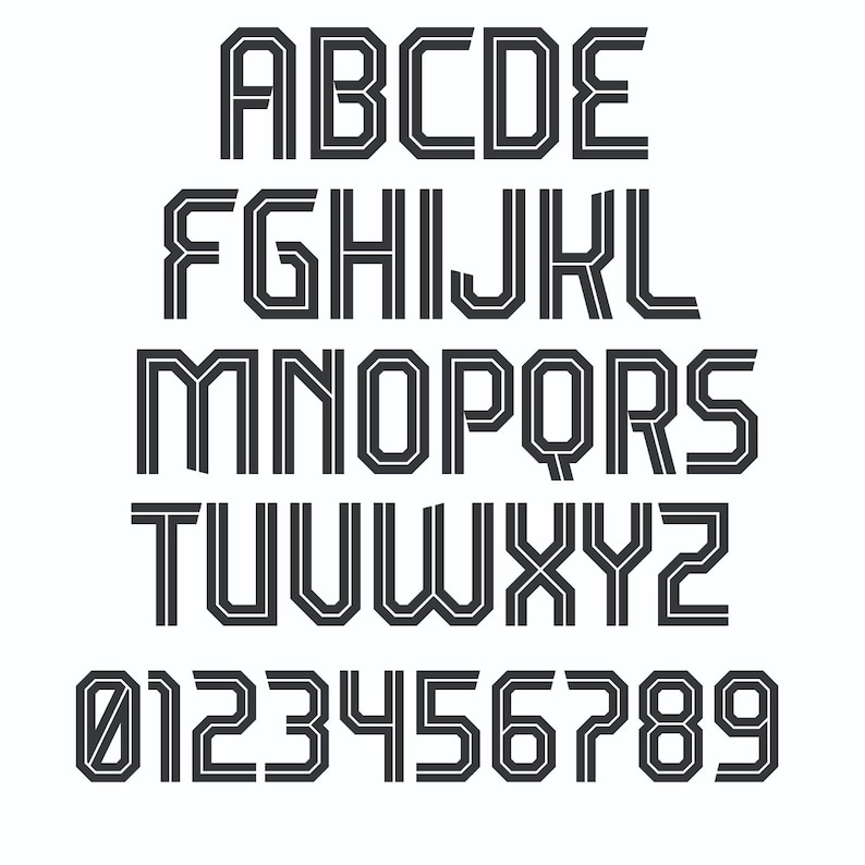 May include: A complete alphabet and number set in a bold, sans-serif font. The letters and numbers are dark gray with a double-lined design, set against a white background. The font is suitable for various design projects.