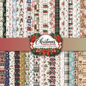 May include: A collection of digital paper sheets featuring various Christmas-themed seamless patterns, including snowflakes, pine trees, plaid, Santa Claus, and holly. The central label displays the text Christmas SEAMLESS PATTERN 12x12 INCHES 78 JPEG.PNG.