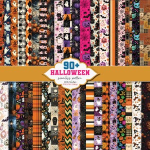 May include: A collection of 90+ Halloween seamless patterns featuring various designs including ghosts, pumpkins, black cats, skulls, spider webs, and plaid prints. The text 90+ HALLOWEEN seamless pattern 12x12 inches JPEG.PNG 300dpi is centered.
