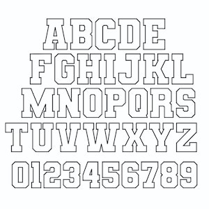 May include: A complete alphabet and number set in a bold, outlined font. The letters A through Z and numbers 0 through 9 are displayed in a clear, easy-to-read style, perfect for various design projects. The font is outlined in black.