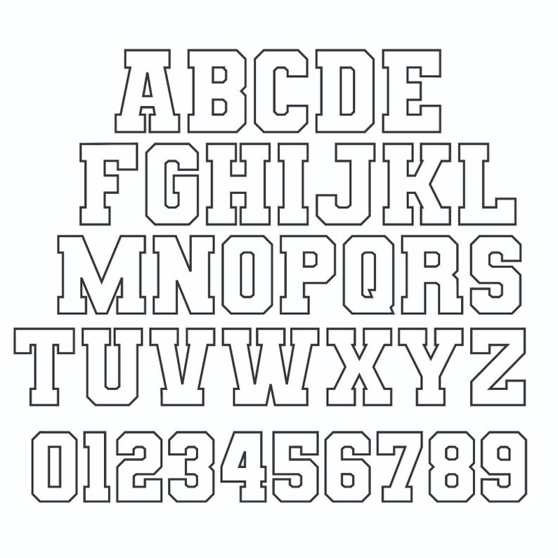 May include: A complete alphabet and number set in a bold, outlined font. The letters A through Z and numbers 0 through 9 are displayed in a clear, easy-to-read style, perfect for various design projects. The font is outlined in black.