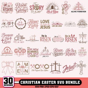 Pode incluir: Um conjunto de 30 designs SVG cristãos de Páscoa em tons de rosa e castanho. Os designs incluem frases religiosas, cruzes e símbolos da Páscoa. Disponível em formatos SVG, PNG, JPEG, EPS e DXF.
