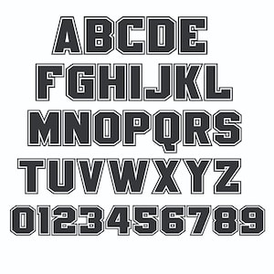 May include: A complete alphabet and number set in a bold, block letter style. The letters and numbers are dark gray with a white outline, set against a white background. The font is suitable for various design projects.