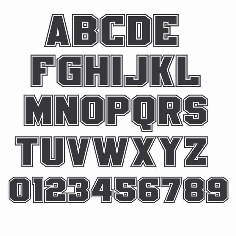 May include: A complete alphabet and number set in a bold, block letter style. The letters and numbers are dark gray with a white outline, set against a white background. The font is suitable for various design projects.