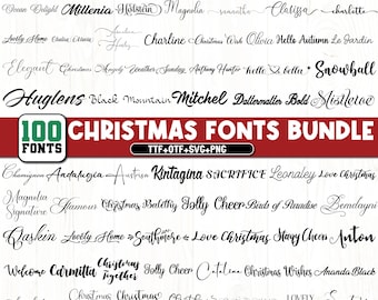 May include: A digital collection of 100 Christmas fonts displayed in various black calligraphic and script styles. The image features a central red banner with the white text 100 CHRISTMAS FONTS BUNDLE and TTF+OTF+SVG+PNG below it.