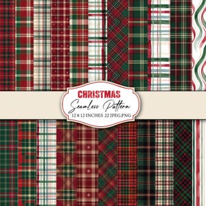 Puede incluir: Una colección de patrones digitales sin costuras con varios diseños de cuadros rojos, verdes y blancos, incluyendo motivos de tartán y rayas. Una etiqueta central muestra el texto CHRISTMAS Seamless Pattern 12 x 12 INCHES 22 JPEG.PNG.