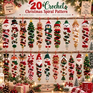 Puede incluir: Una colección de 20 adornos navideños de ganchillo en espiral con varios personajes como Santa Claus, muñecos de nieve, renos y elfos. Cada adorno tiene una base en espiral con patrones festivos, numerados del 1 al 20, colgados de ramas de madera.