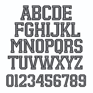 May include: A complete alphabet and number set in a bold, block letter style. The letters and numbers are dark gray with a white outline, set against a white background. The font is a classic, collegiate style.