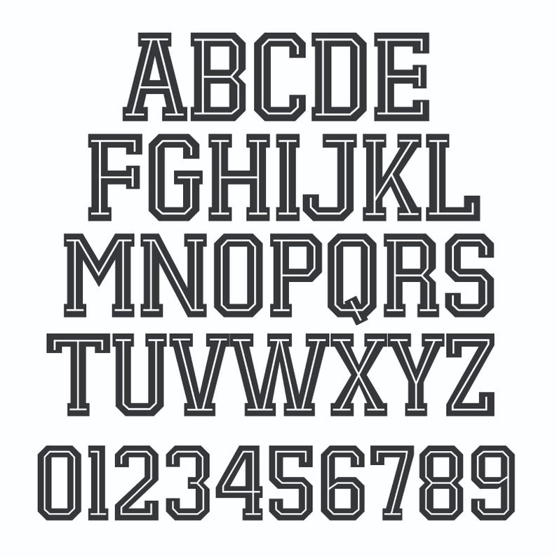 May include: A complete alphabet and number set in a bold, block letter style. The letters and numbers are dark gray with a white outline, set against a white background. The font is a classic, collegiate style.