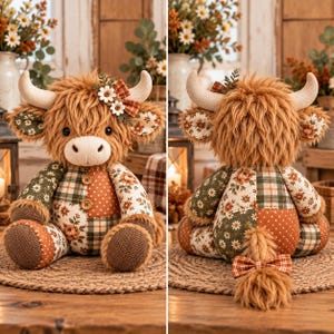 May include: A plush highland cow toy featuring long, shaggy brown fur, cream-colored horns, and a patchwork body made of floral, plaid, and polka-dot fabric. The cow is adorned with a small plaid bow and white flowers near one horn.