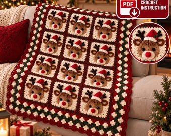 May include: A crochet blanket featuring a repeating pattern of reindeer squares, each with a brown face, dark antlers, and a red nose wearing a Santa hat. The border is dark green and red with a scalloped edge. Includes a PDF file crochet instruction.