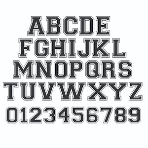 May include: A complete alphabet and number set in a collegiate style. The letters and numbers are dark gray with a white outline, set against a white background. The font is bold and blocky, suitable for various design projects.