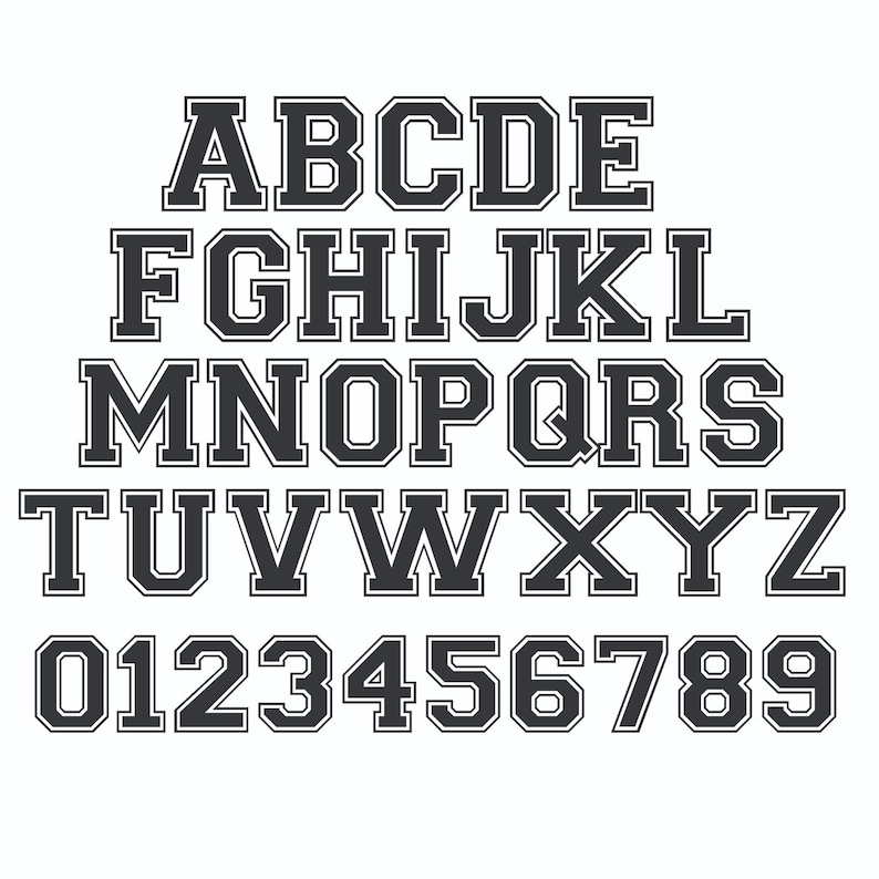 May include: A complete alphabet and number set in a collegiate style. The letters and numbers are dark gray with a white outline, set against a white background. The font is bold and blocky, suitable for various design projects.