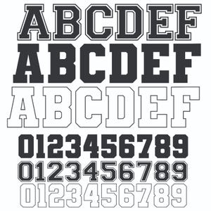 May include: A collection of varsity-style fonts featuring the letters A through F and the numbers 0 through 9. The fonts are displayed in three different styles: outlined, solid, and outlined with a contrasting fill. The letters and numbers are in a bold, blocky design.