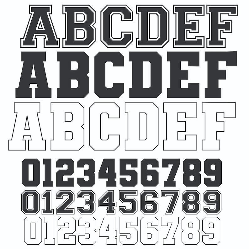 May include: A collection of varsity-style fonts featuring the letters A through F and the numbers 0 through 9. The fonts are displayed in three different styles: outlined, solid, and outlined with a contrasting fill. The letters and numbers are in a bold, blocky design.