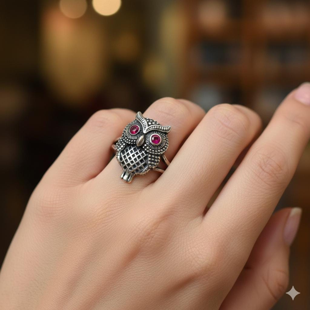 Owl Sterling Silver Ring with Pink Stone Eyes | 925 Silver Animal Ring | Wisdom Owl Jewelry | Handma