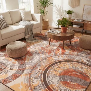 Pode incluir: Uma sala de estar com um sofá bege, uma mesa de centro redonda de madeira e um tapete estampado. O tapete tem um design circular com padrões geométricos laranja, castanho e cinza. Dois pufes e plantas em vasos completam a decoração da sala.