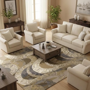 May include: A living room scene featuring a beige sofa, two armchairs, and a patterned area rug. The room has a neutral color palette with wooden furniture and a coffee table. Decorative vases and framed art complete the cozy interior.