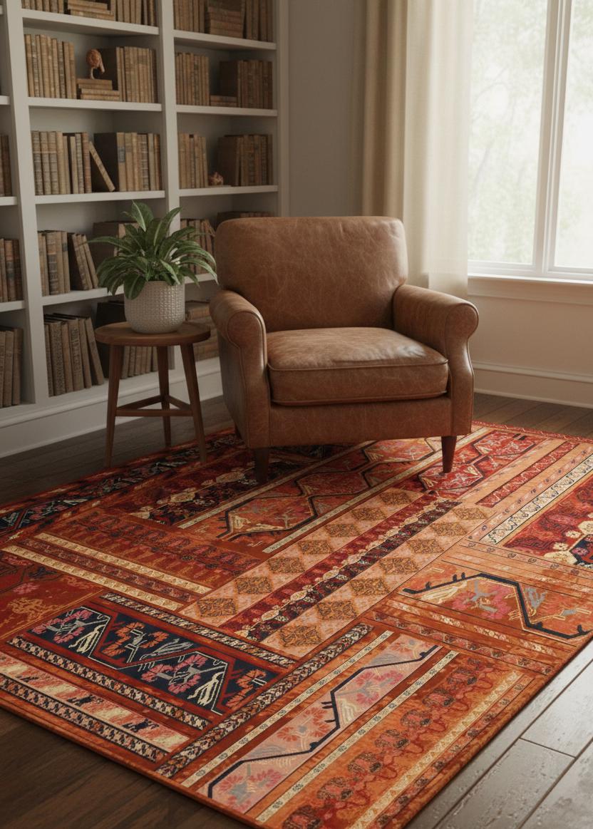 Devora Digital Rug Patchwork Kilim Rug Print, Terracotta Navy Geometric Art (digital ...