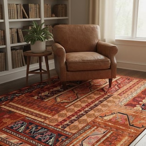 May include: A patterned area rug in shades of red, orange, and brown dominates the foreground. A brown leather armchair sits on the rug, with a small wooden side table holding a potted plant to the left. Bookshelves line the wall.