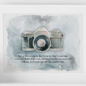 Life is Like a Camera Watercolor Art Print, Camera Wall Art, Photography Gift, Photography Lover, Camera Painting with Quote