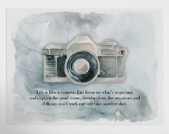 Life is Like a Camera Watercolor Art Print, Camera Wall Art, Photography Gift, Photography Lover, Camera Painting with Quote