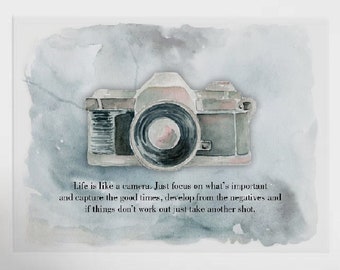 Life is Like a Camera Watercolor Art Print - Photography Quote Wall Decor Gift for Photographers