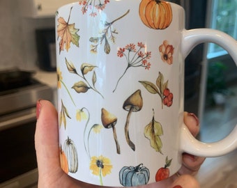 Autumn, Fall mug 11oz ceramic mug with handle, Thanksgiving decor, with pumpkins, mushrooms, flowers, seasonal gift for co-worker or friend