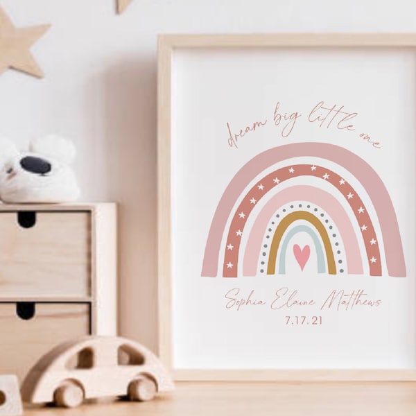 Dream Big Little One Print, Personalized Baby Girl Nursery Wall Art, Boho Style Rainbow in Pink Blush colors, Kids Wall Art