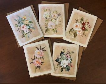 Vintage Floral Greeting Cards, Boxed Set, Kraft Envelopes
