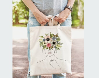 Girl Botanical Floral Aesthetic Illustration on Canvas Tote Bag, Book Lover Gift, Everyday Shopping Bag, Eco Friendly, Farmers Market Bag