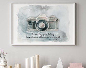 The Camera Always Points Both Ways watercolor painting, Photographer gift, F. Patterson quote, camera illustration, Photography gift