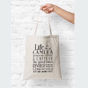 Life is Like a Camera Tote Bag Gift for Photographer Canvas Shopping Bag Camera bag Eco Friendly image 3