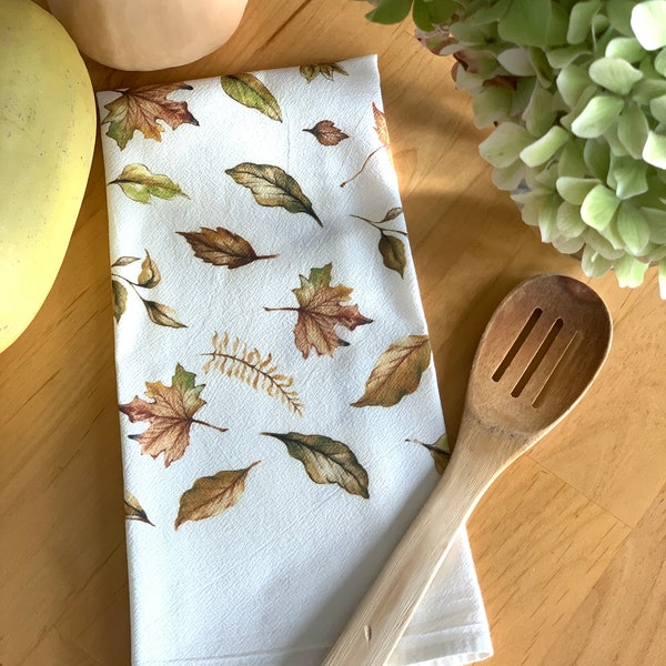 Autumn Leaves cotton flour sack tea towel, 16 x 24 kitchen towel, falling leaves of greens, golds and rusty browns, perfect for Fall decor