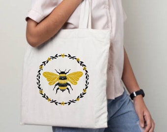 Bee illustration Canvas Tote Bag - Gift for Mom - Mother's Day - Canvas Shopping Bag - Eco Friendly Tote bag - Farmers Market Grocery Bag