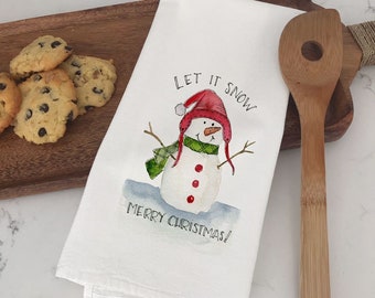 Christmas flour sack tea towel, 16 x 24 white kitchen towel with cute Snowman, hostess gift, Gift ideas for holidays, art by Nancy Anderson