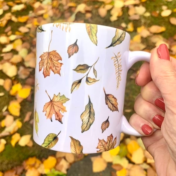 Autumn Fall mug - 11oz ceramic with handle,  Fall home decor, Thanksgiving decor, seasonal gift for co-worker or friend's birthday, leaf art