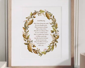 Irish Blessing, May there always be work for your hands to do, Wall Art Print, original watercolor print of Autumn leaves & berries