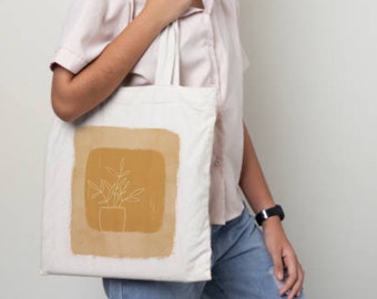 Reusable Canvas Tote Bag with Boho Minimalist Illustration, Perfect Canvas Book Bag or Farmers Market Bag 15" x 15" with 20" sturdy handles