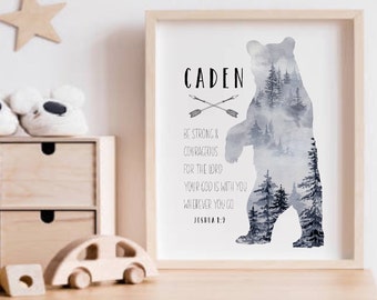 Joshua 1:9 Be Strong and Courageous, Personalized Baptism Gift Boy, Nursery wall Art, Mountain, Bear Art, Neutral baby shower gift