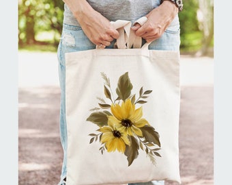 Sunflower botanical Aesthetic Tote , Neutral tote, Mothers Day Gift, Canvas Shopping Bag - Eco Friendly Tote - Farmers Market Grocery Bag