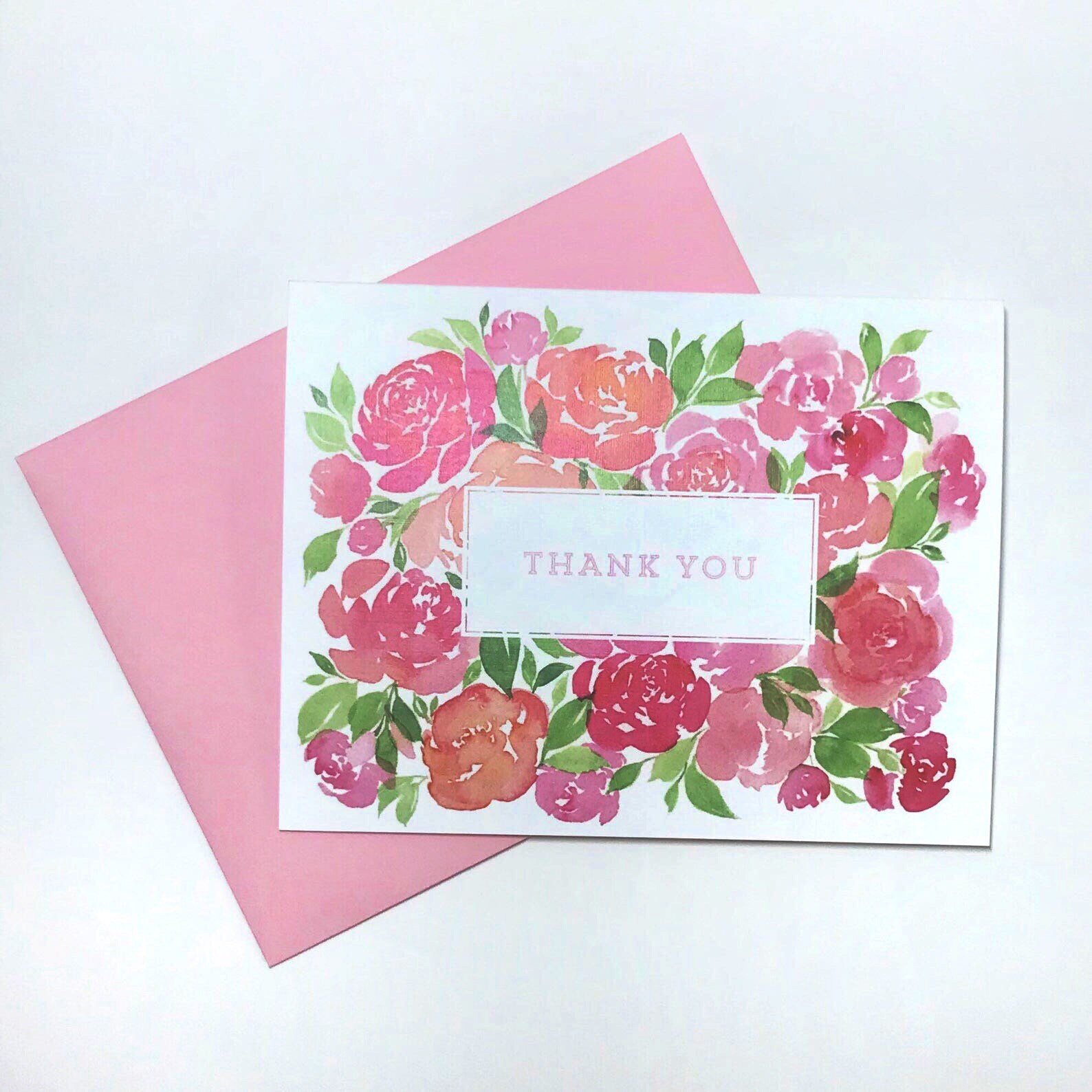 Thank You Note Card Watercolor Floral Greeting Card With Pink Etsy