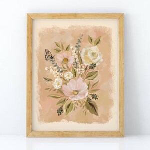 Botanical Floral Art Print, Pink Beige Flowers, Butterfly Illustration